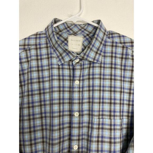 Billy Reid Shirt Plaid Blue Button Long Sleeve Standard Fit Cotton Italy XXL 2XL - Picture 3 of 12